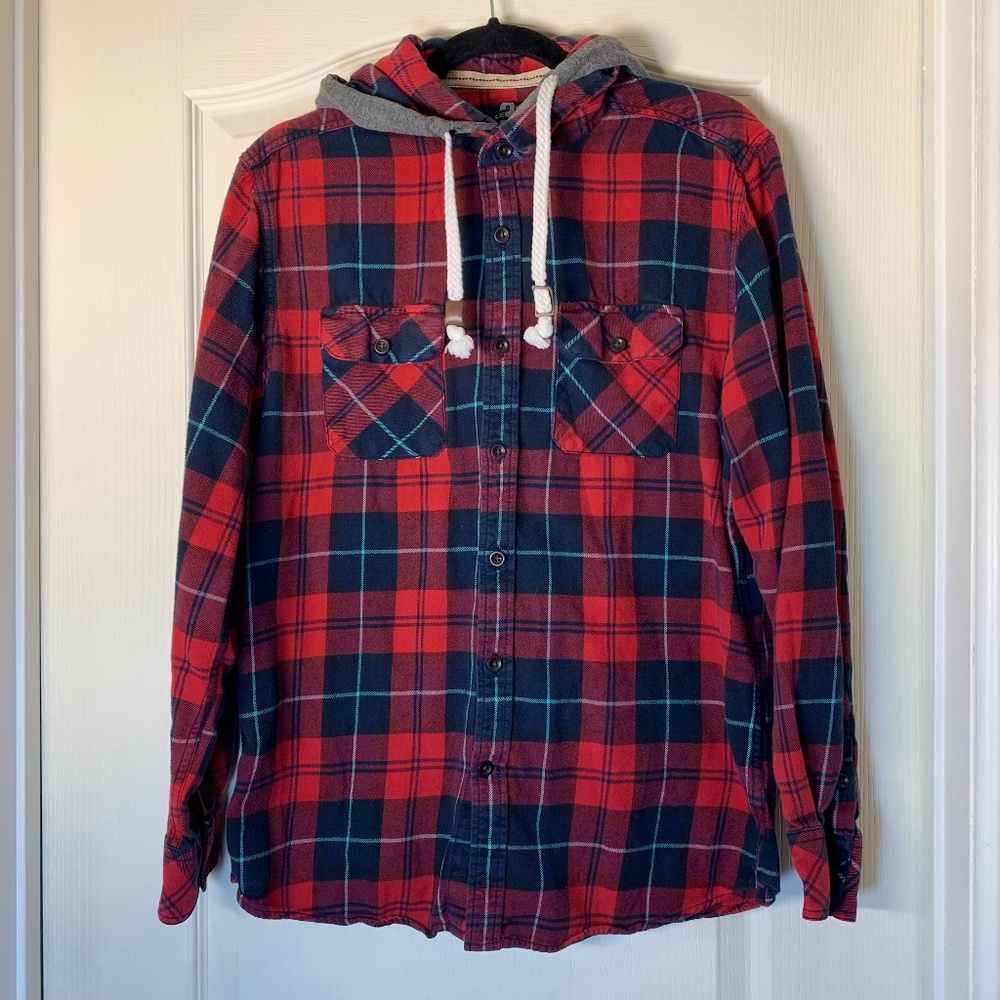 Le 31 by Simons Plaid Cotton Hooded Shirt β Casual Urban Style (L) Cabin Outdoor
